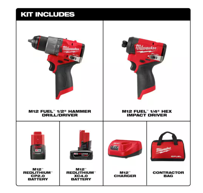 M12 FUEL 12-Volt Lithium-Ion Brushless Cordless Hammer Drill and Impact Driver Combo Kit w/2 Batteries and Bag (2-Tool)